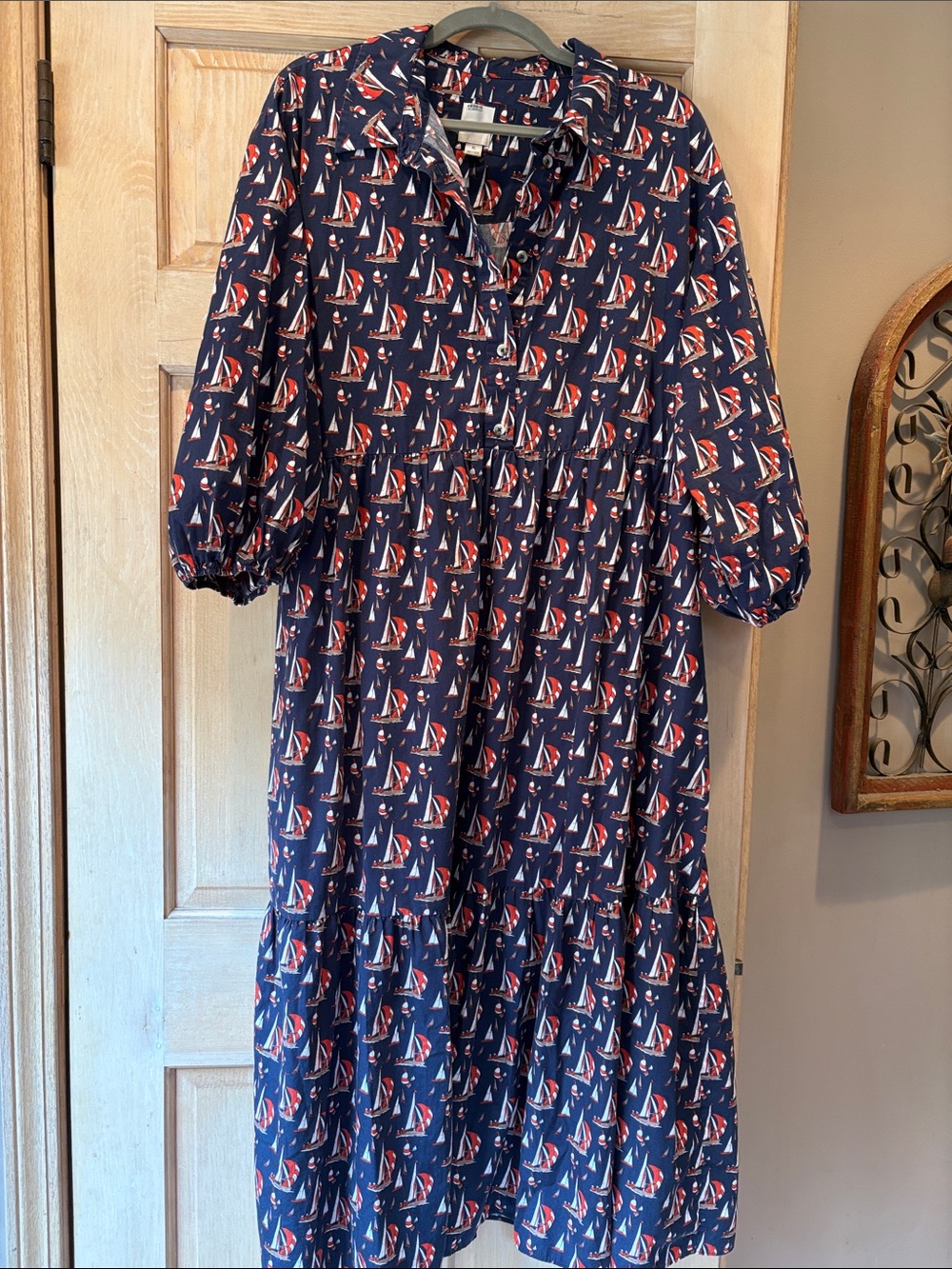 Anthropologie Maeve Bettina Navy Sailboat  Shirt Dress with Red Accents Size XL